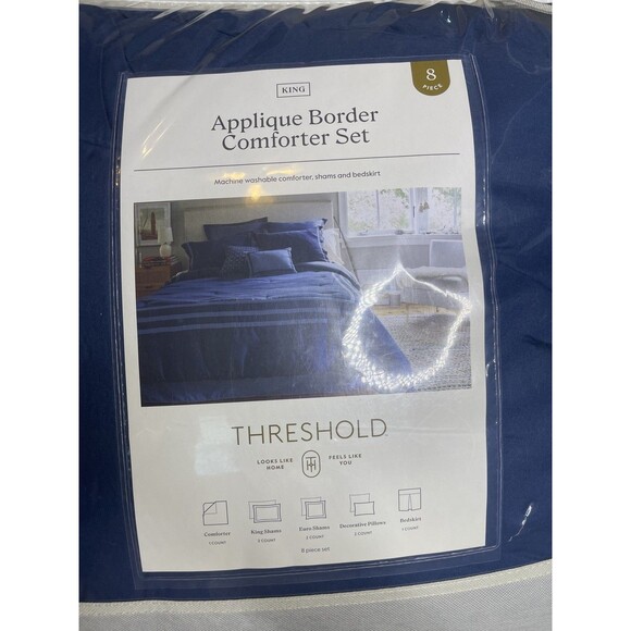 8pc Queen Applique Border Comforter Set Navy/Blue - Threshold: Embroidered, - Picture 1 of 6